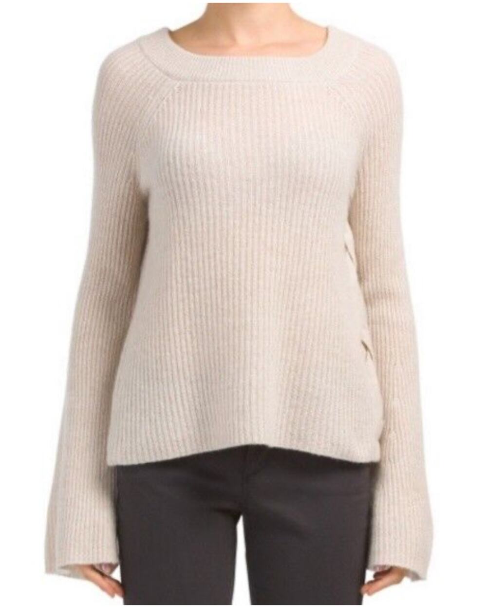 Only Mine Cashmere Sweater Beige Long Bell Sleeve Side Tie